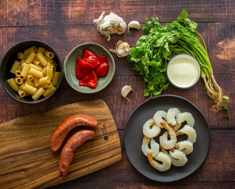 The ingredients of chorizo and prawn to cook to make this great pasta dish