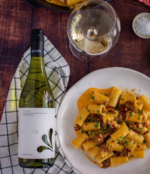 The finished prawn and chorizo pasta to be paired alongside the De Iuliis Hunter Valley Pecorino