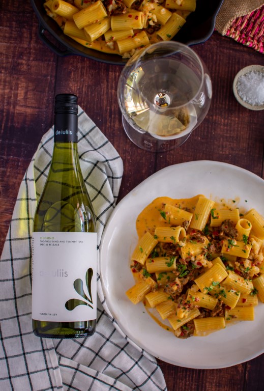 The finished prawn and chorizo pasta to be paired alongside the De Iuliis Hunter Valley Pecorino