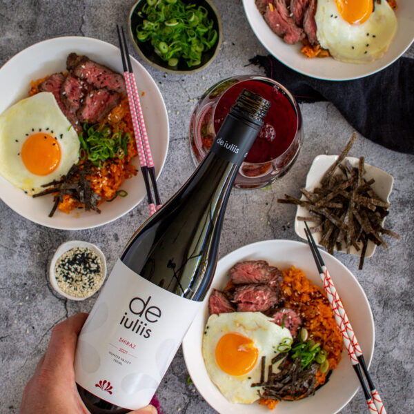 A dish of korean fried rice with Hunter Valley Shiraz